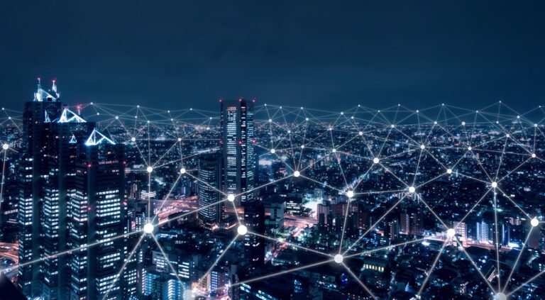 Telecommunication network above city, wireless mobile internet t