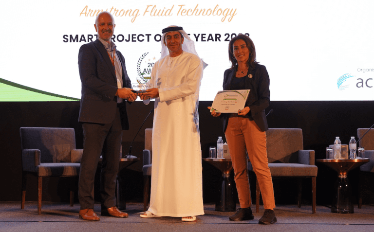 From left to right-Kevin Laidler, Sales Director Middle East and Africa, Armstrong Fluid Technology- Dr Waleed Alnuaimi, Acting CEO of Etihad Esco (presenting the award)- Margrete Jibril, MD of ACM eve