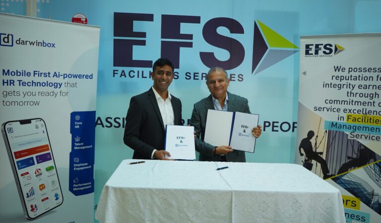 Jayant Paleti, Co-founder, Darwinbox (L) and Tariq Chauhan, Group CEO and Board member, EFS Group announcing the partnership in Dubai