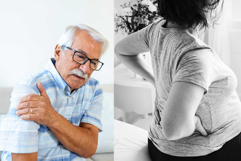 Elderly man with arthritis gently holding his aching shoulder copy
